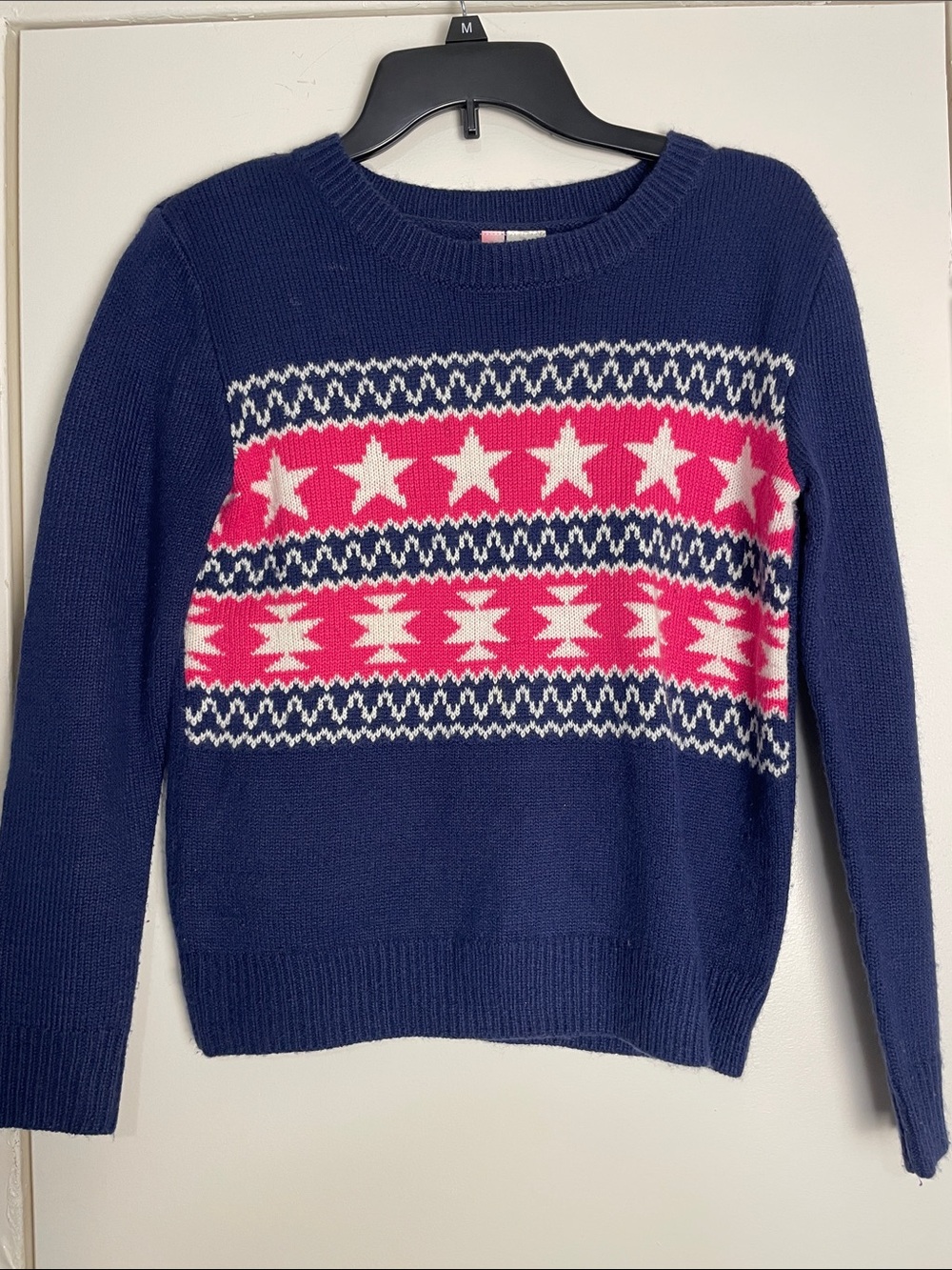 Confession Navy Crewneck Sweater with Pink and White Star Fair Isle